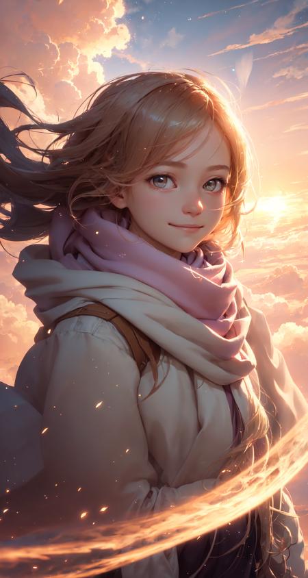 68970-1682013033-masterpiece, best quality, realistic, 1girl, illustration of a girl floating in the sky, scarf, floating hair, close-up, warm so.png